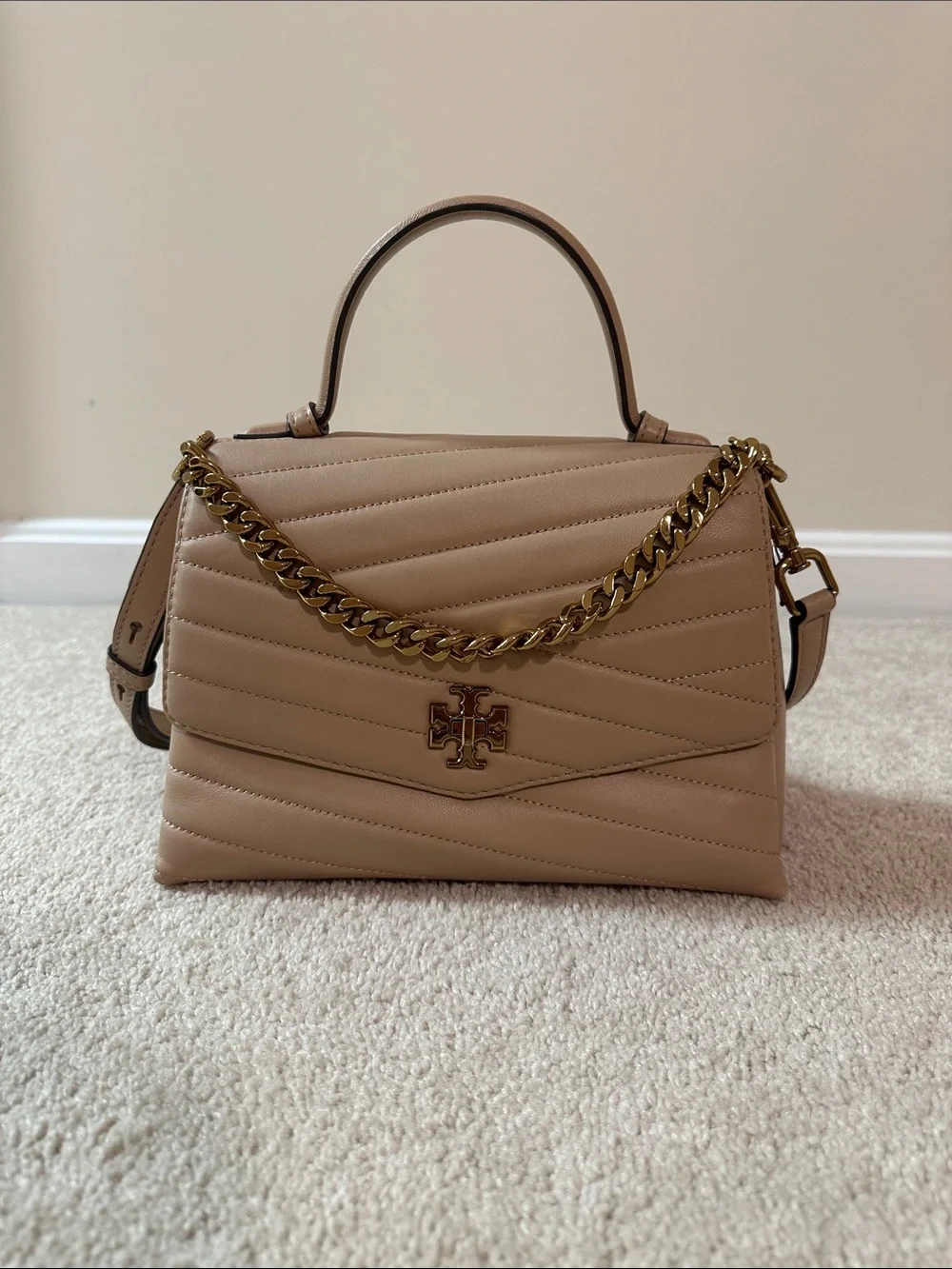 Tory Burch Quilted Chevron Top-Handle Satchel in Nude Tan